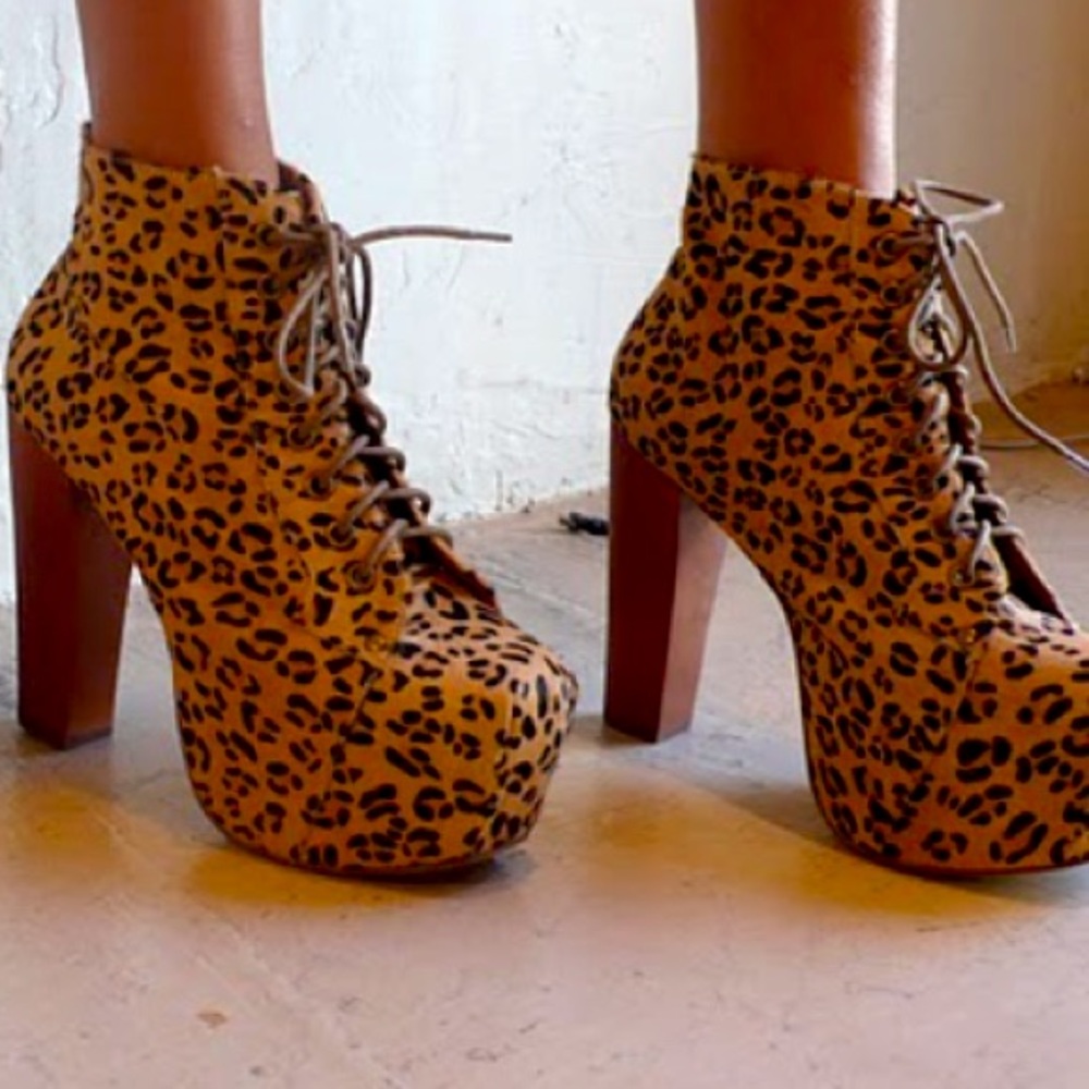 Jeffrey Campbell Lita Cheetah Print Calf Hair Leather Chunky Platform Boots 10